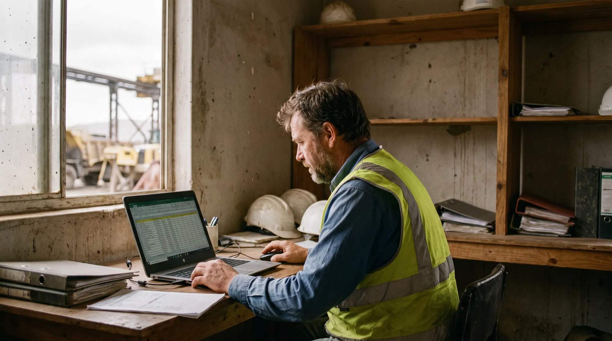 An HSEQ adviser reviewing a register on a laptop at a site-office desk.