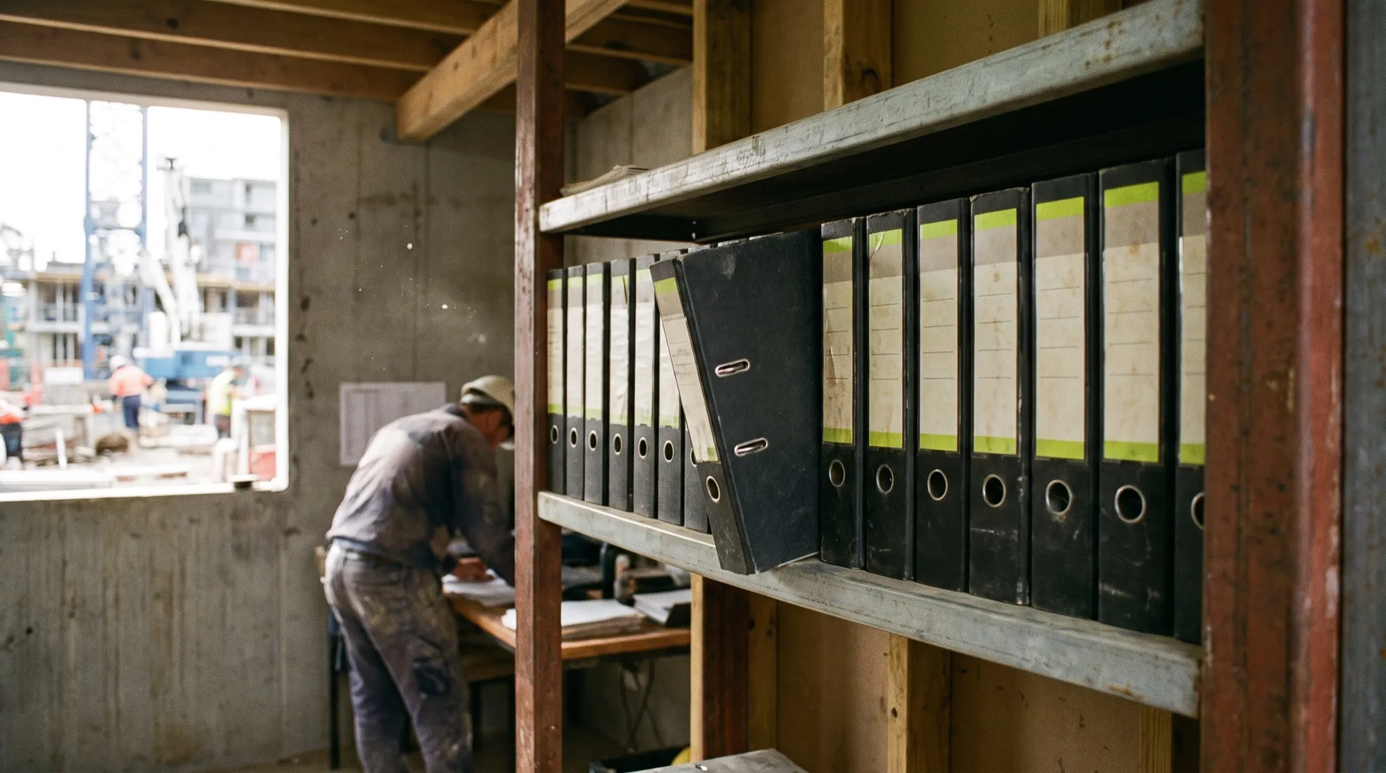 A shelf of management-system record binders in a tidy site office.