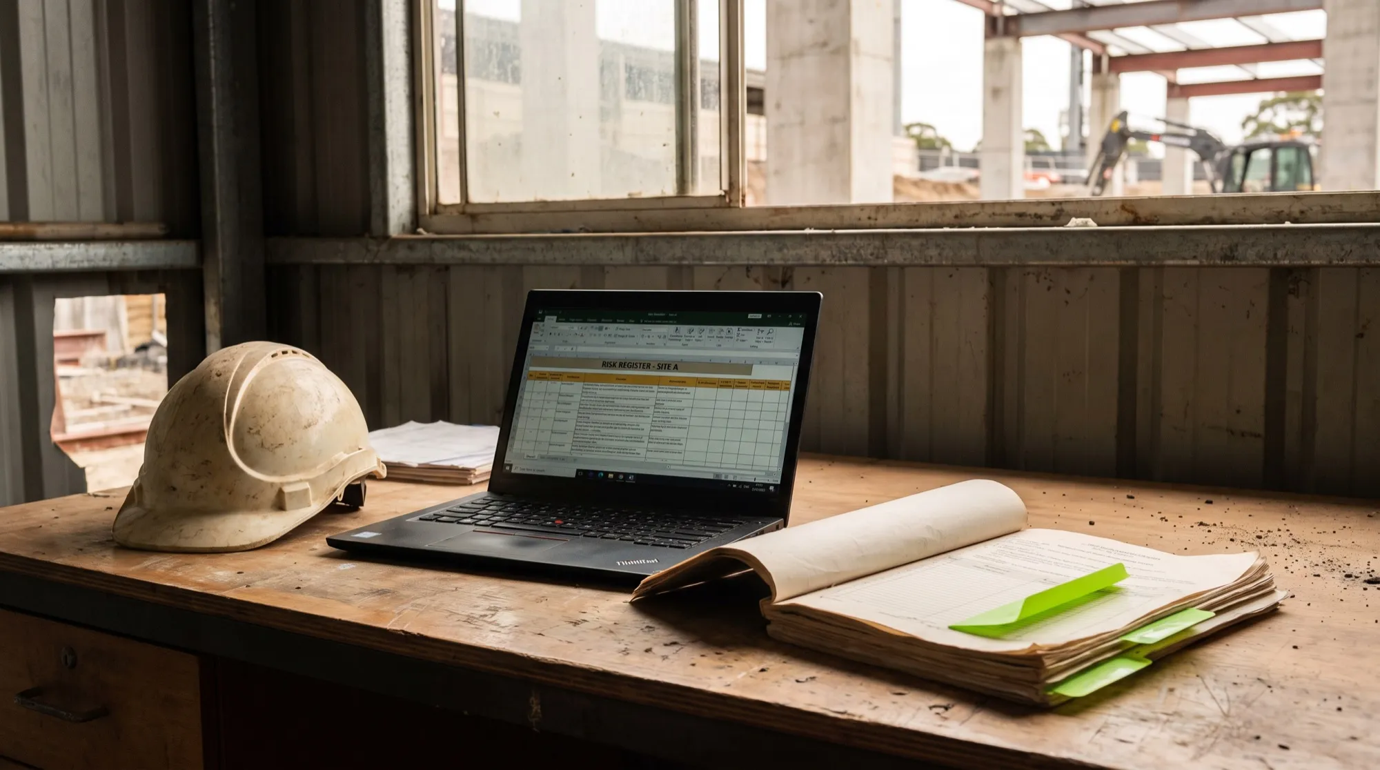 A compliance document set and a laptop open on a site-office desk beside a hard hat.
