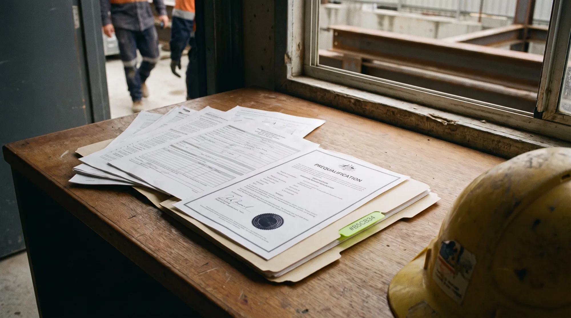 Certification and prequalification documents laid out on a site-office desk beside a hard hat.
