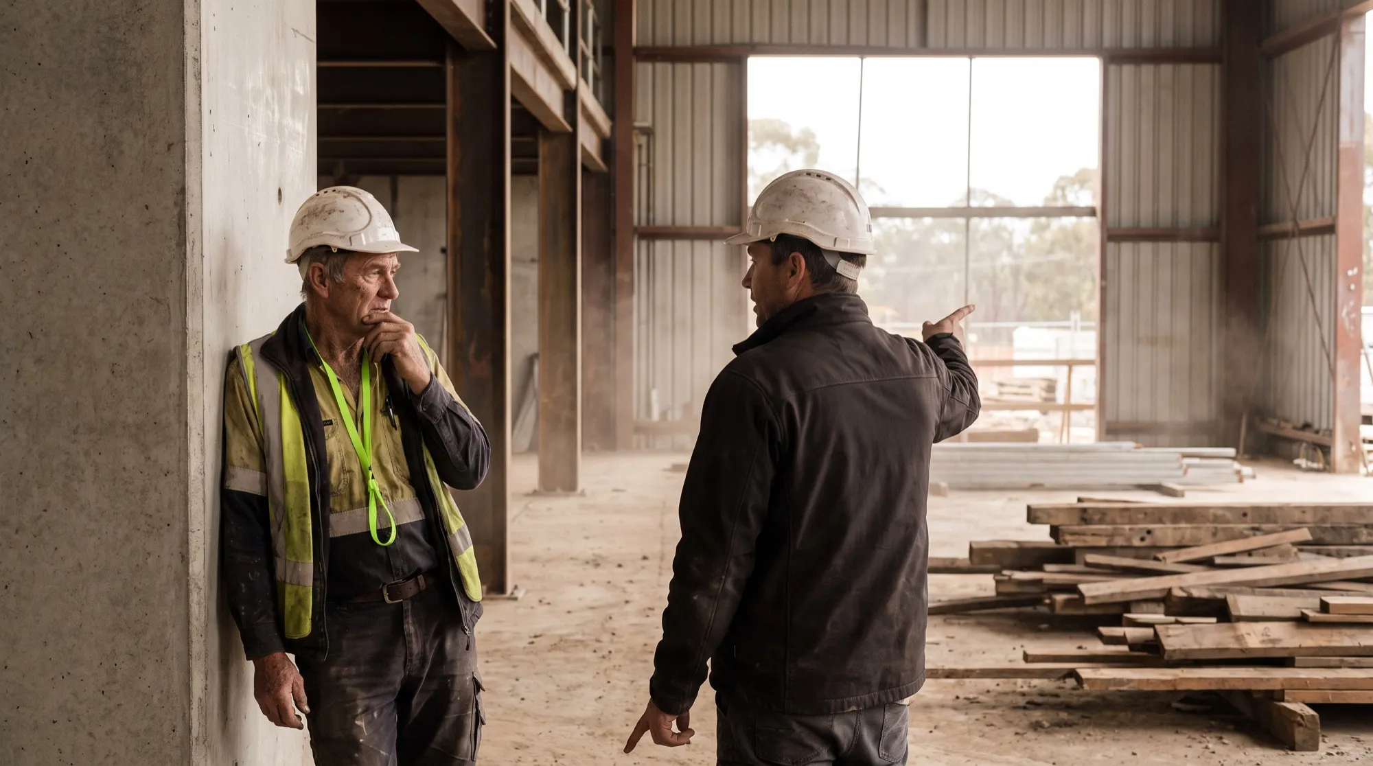Two workers in high-visibility gear in a one-to-one conversation on a worksite.