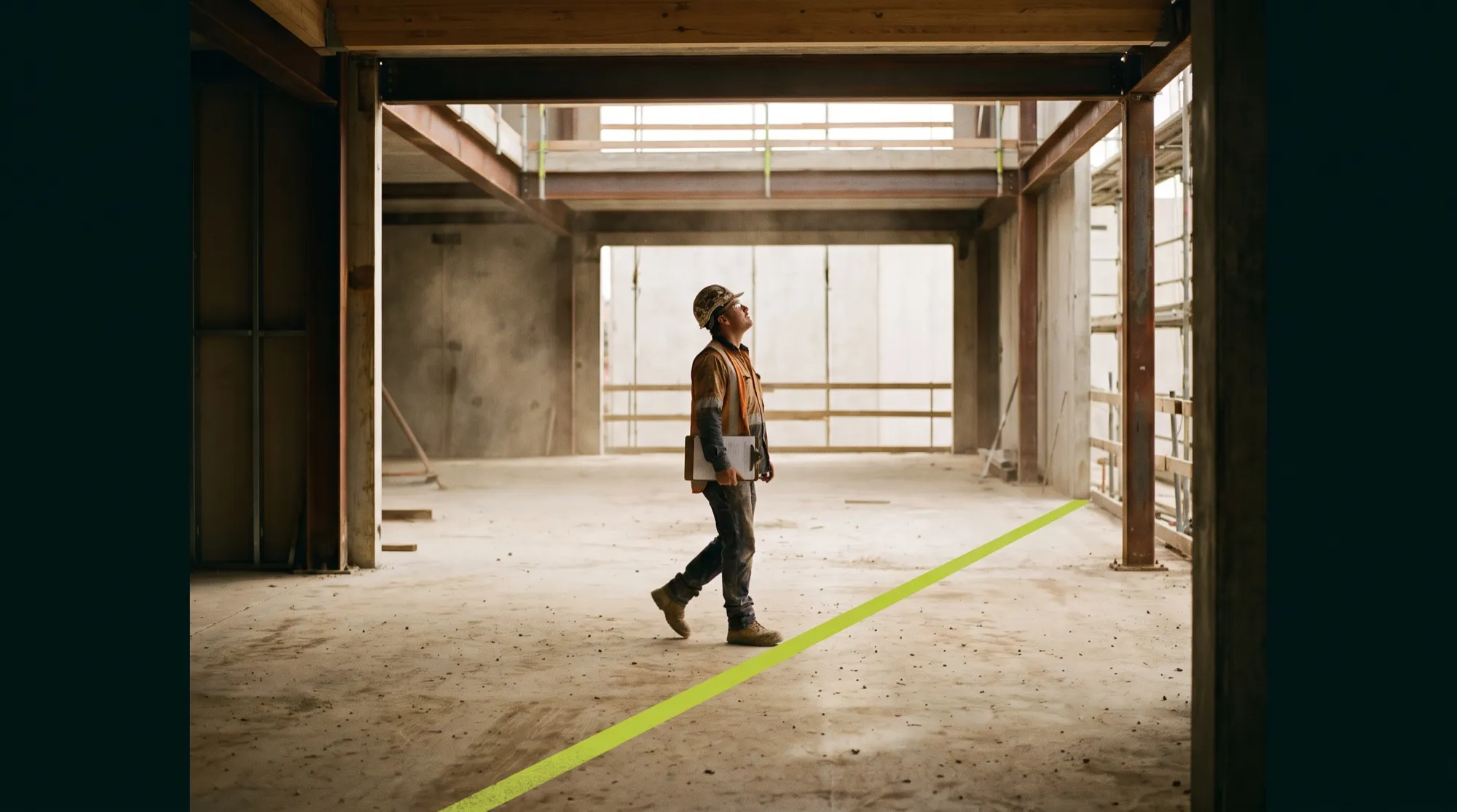 A site supervisor walking a part-built structure, a lime safety line across the floor.