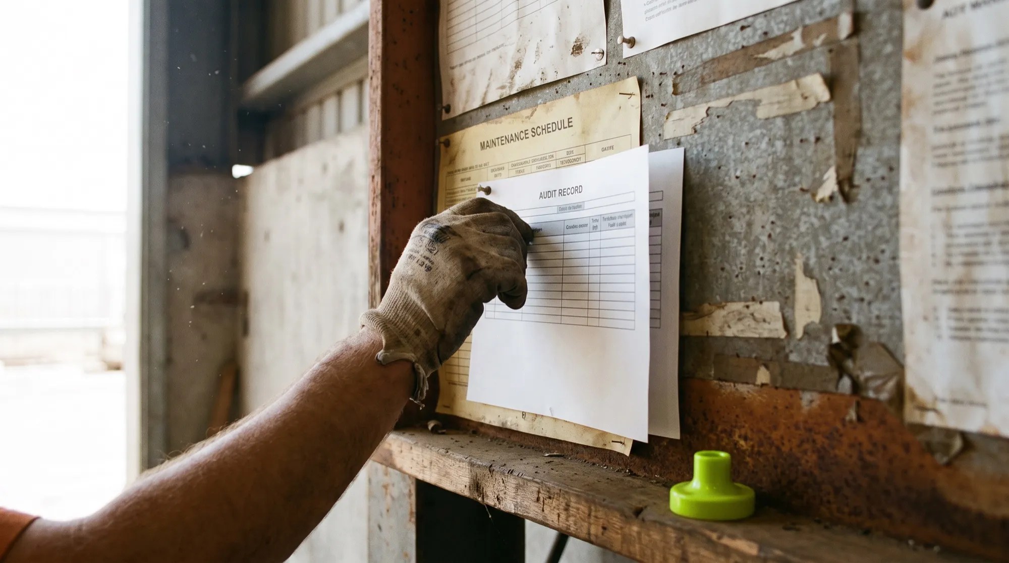 A hand pinning a fresh audit record to a worksite noticeboard.